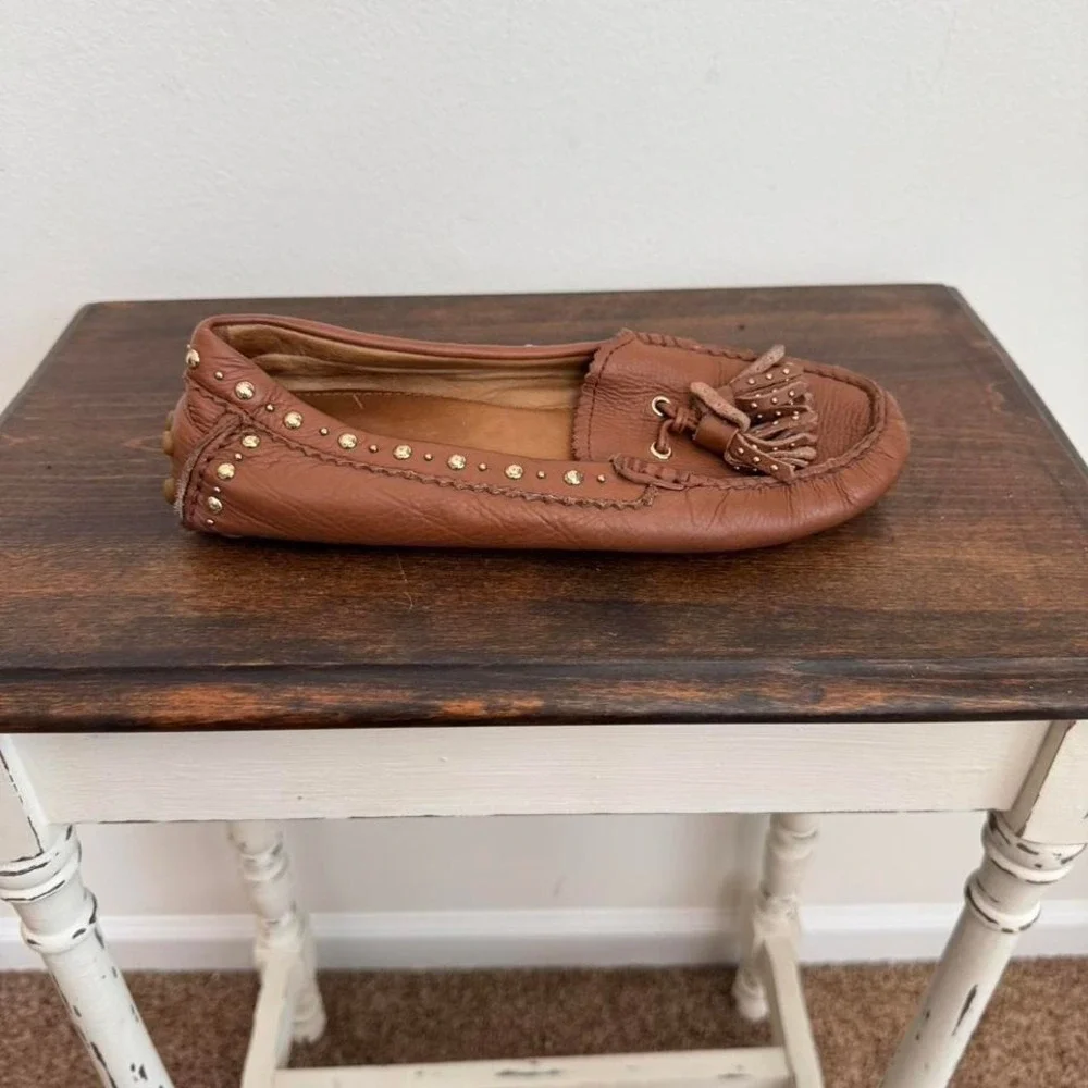 Coach Brown Leather and Gold Stud Flats‎ tassel fringe 5.5 loafer